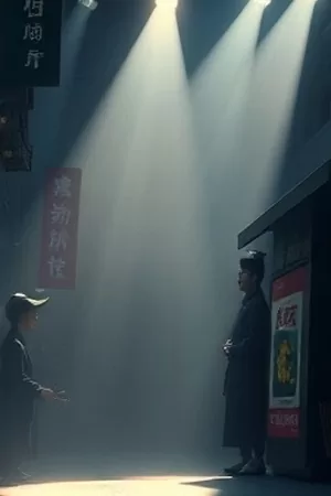 长夜渡口海报，码头木栈道尽头亮着一盏孤灯，雾气贴着水面